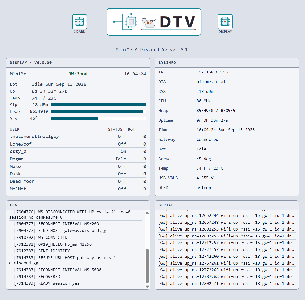 MiniMe LAN web UI light theme - Display, SysInfo, LOG, and Serial