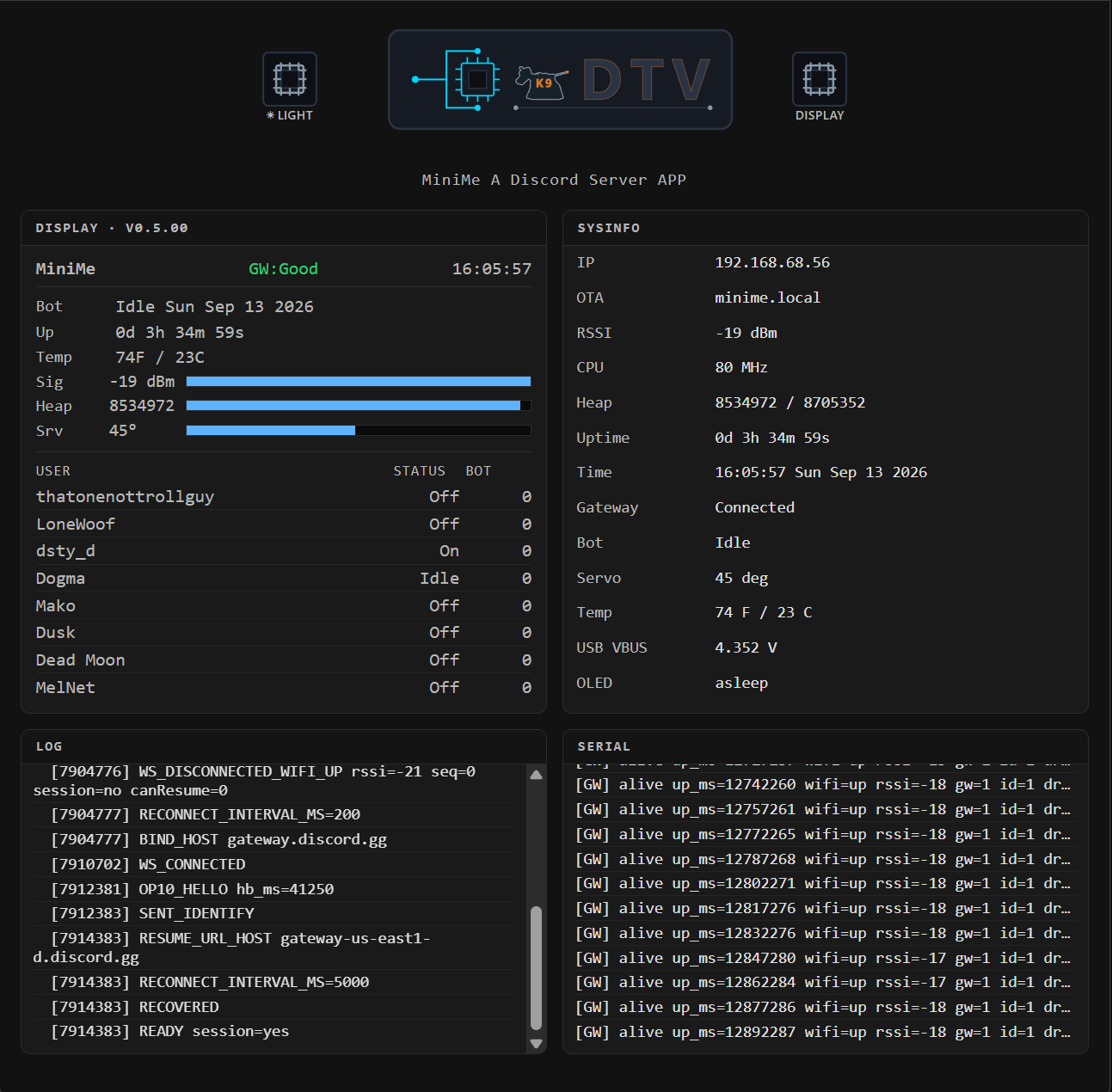 MiniMe LAN web UI dark theme - Display, SysInfo, LOG, and Serial