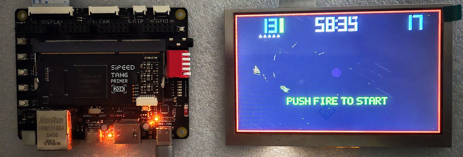 Sipeed Tang Primer 20K Dock and LCD showing Space Wars attract screen - PUSH FIRE TO START