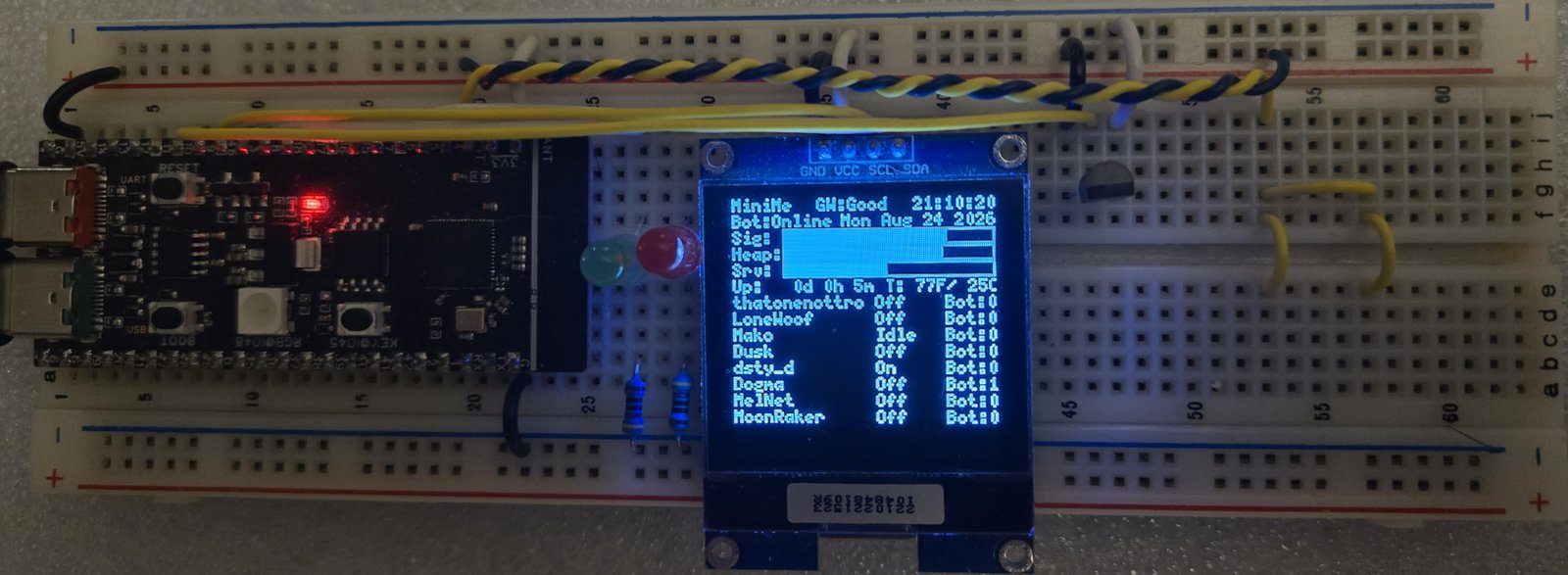 MiniMe ESP32-S3 breadboard with SSD1327 OLED, touch pad, and DS18B20