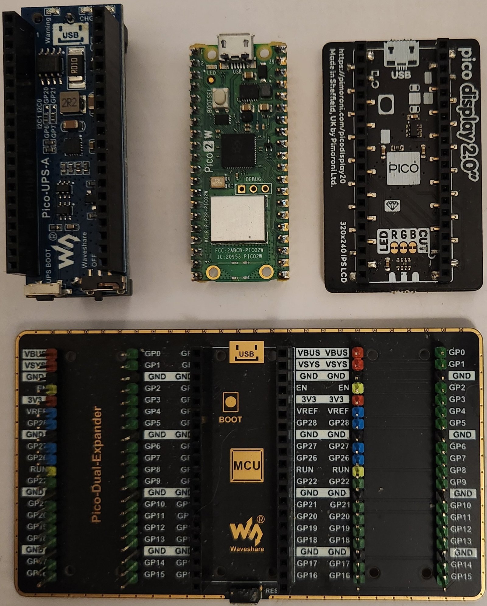 RP Pico 2 W stack with Pimoroni Display Pack 2.0 and Waveshare UPS module