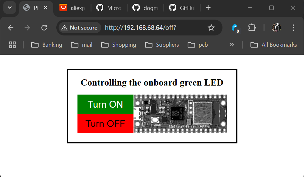 Browser page with Turn ON and Turn OFF buttons for the Pico LED