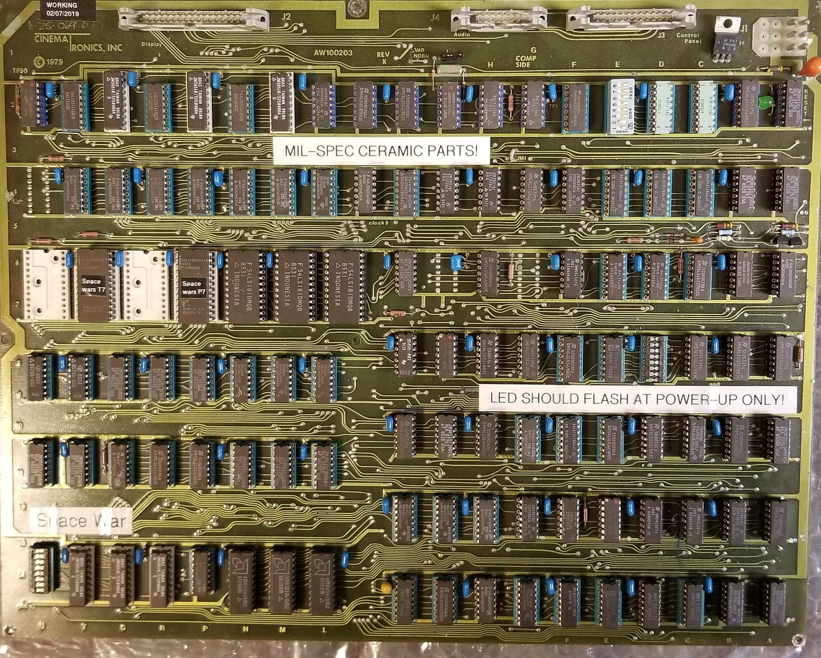 Cinematronics Space War arcade PCB (1979), rebuilt with military-grade integrated circuits